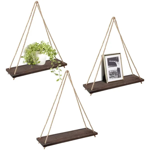 1pc Wooden Wall Shelves Hemp Rope Swing Wall Hanging Plant Flower Pot Tray Morden Indoor Home Decoration Simple Design Shelves - Image 5