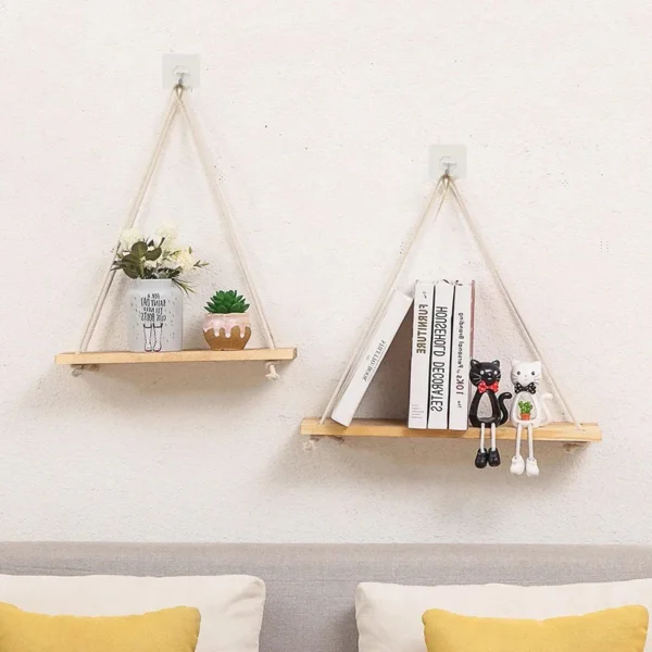 1pc Wooden Wall Shelves Hemp Rope Swing Wall Hanging Plant Flower Pot Tray Morden Indoor Home Decoration Simple Design Shelves - Image 2