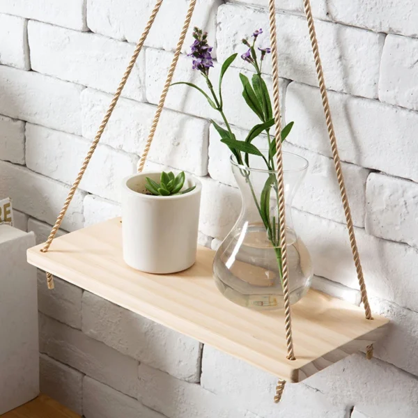 1pc Wooden Wall Shelves Hemp Rope Swing Wall Hanging Plant Flower Pot Tray Morden Indoor Home Decoration Simple Design Shelves - Image 3