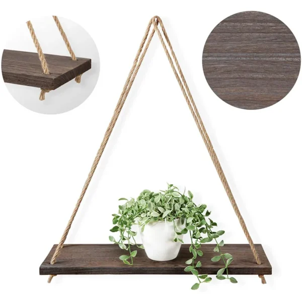 1pc Wooden Wall Shelves Hemp Rope Swing Wall Hanging Plant Flower Pot Tray Morden Indoor Home Decoration Simple Design Shelves - Image 6